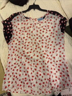 Cynthia Rowley White Blouse with Red and Gray Spot Print
